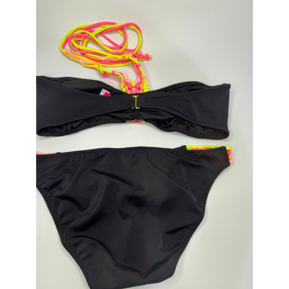 Victoria's Secret Black Hot Pink Orange Yellow NEON Strappy Cheeky Swim Set Med - Picture 6 of 16